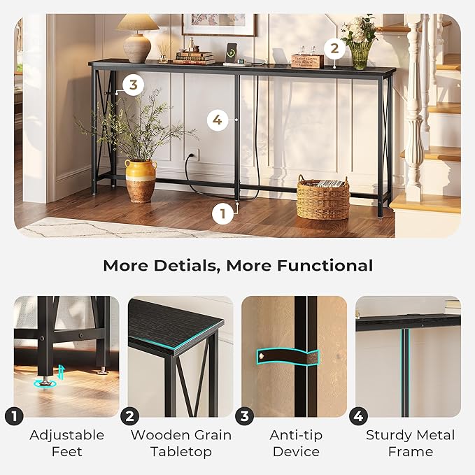 SUPERJARE 70 Inch Console Table with Outlets and USB-C Port, Extra Long Behind Couch Sofa Table with X-Shaped Design, Narrow for Entryway, Living Room, Metal Frame, Wooden Top, Black