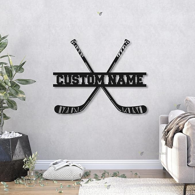 Hockey LED Wall Sign - Hockey Sticks Custom Name Light Up Wall Art, 16-Color LED with Remote Control, Hockey Decor for Bedroom, Locker Room, Fan Gift
