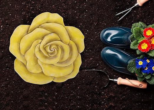 NAT & Jules Rose Flower Shaped Dimensional Indoor Outdoor 12 inch Cast Resin Decorative Garden Stepping Stone, Patio, Walkway Sculpture Yard Art, Yellow