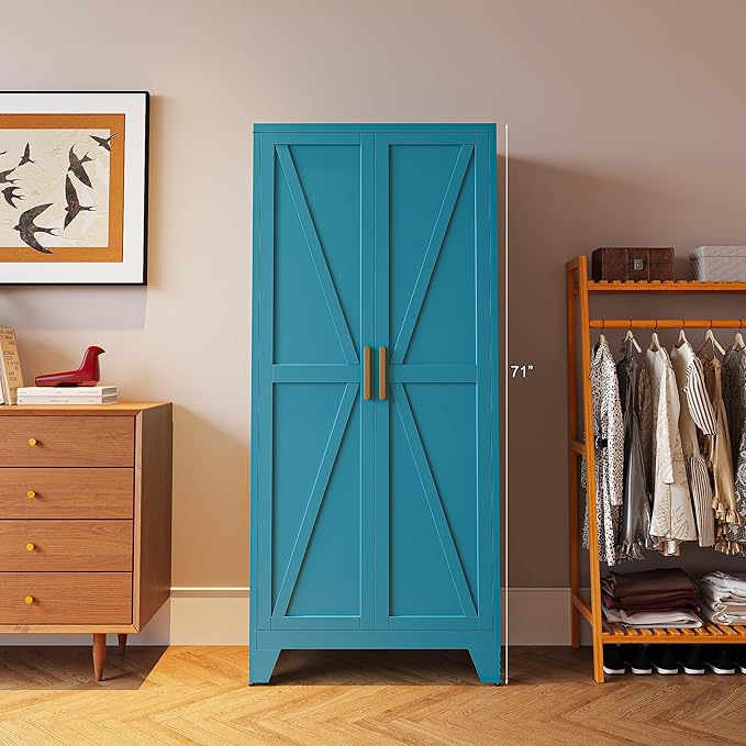 71'' Farmhouse Metal Storage Cabinet with Barn Doors,Steel File Cabinet for Home Office,Kitchen Pantry 4 Adjustable Shelves,Freestanding Cupboard for Kitchen,Home Office (Peacock Blue)