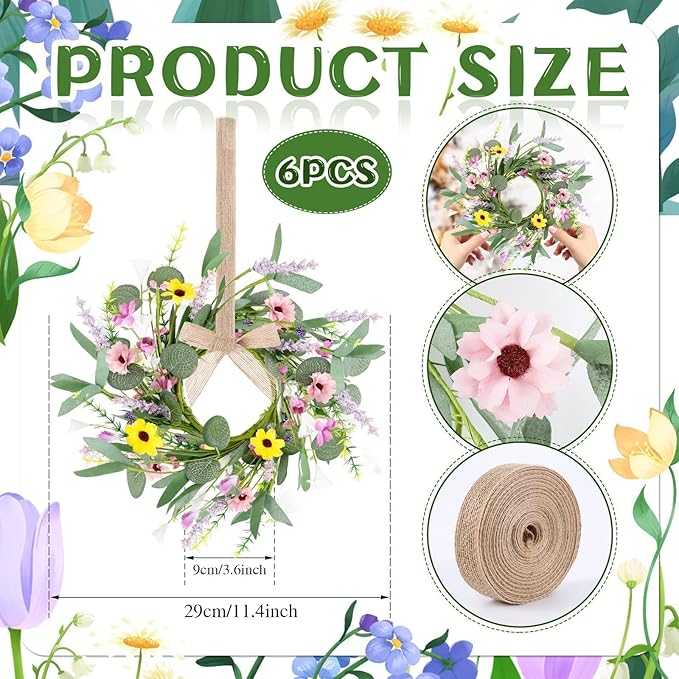 6 Pcs Spring Summer Artificial Flowered Swag Wreaths 3" Mini Floral Daisy Hanging Wreaths for Kitchen Cabinets Pillar Candle Holder Wreath for Wedding Farmhouse Porch Wall Window Door Tabletop Decor