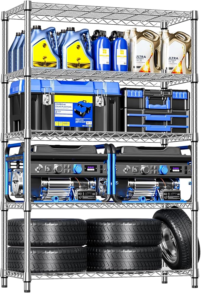 IZEUK 4 Tiers Garage Shelving Wide Storage Shelves Metal Shelves Heavy Duty Adjustable Utility Shelf Rack (Chrome, 17.7" D x 47.2" W x 59.1" H)