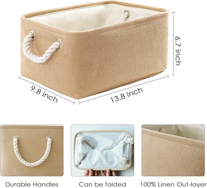 TheWarmHome Storage Bins for Shelves - Medium 3Pack 13.8L*9.8W*6.7H inch Canves Storage Basket for Organizing, Fabric Storage with Handles for Clothes Baby Dog Toys(Beige)