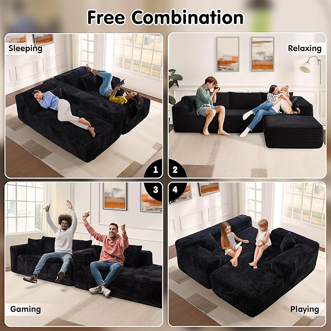 ovios 104" Cloud Sectional Couch with L-Shape Chaise,Modern Modular Sofa with Deep Seat, Upholstered Couches for Living Room Bedroom,No Assembly Required, Black (Plush Corduroy Fabric)