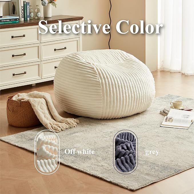 Premium Beige Bean Bag Chair for Adults with Armrest- Ultra Plush Memory Foam Lounge Sofa & Comfy Reading Nook Chair for Bedroom, Living Room & Dorm (White, 4FT)