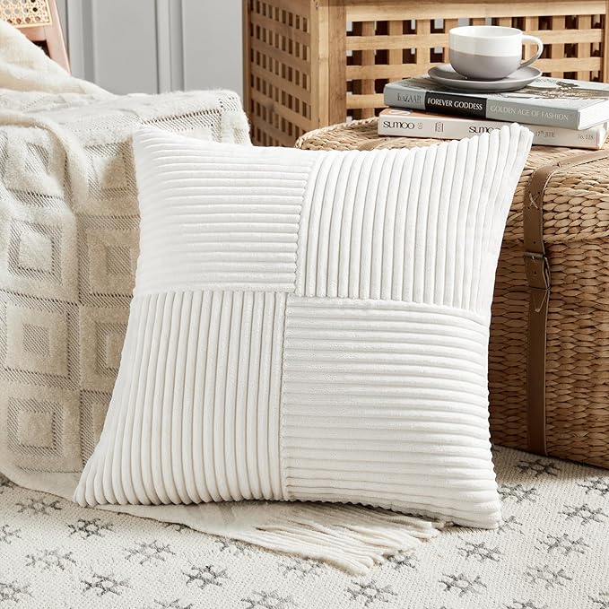 Fancy Homi 2 Packs Cream White Decorative Throw Pillow Covers 18x18 Inch for Living Room Couch Bed Sofa, Farmhouse Boho Home Decor, Soft Corss Corduroy Patchwork Textured Square Cushion Case 45x45 cm