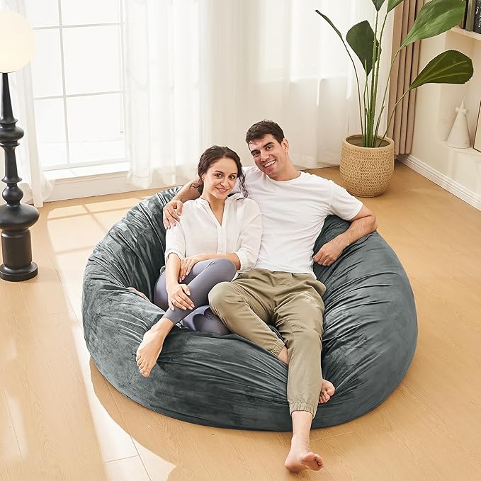 Bean Bag Chairs for Adults - Memory Foam Furniture BeanBag Chair - Kids/Teens Sofa with Soft Micro Fiber Cover - Round Fluffy Couch for Living Room Bedroom College Dorm - 5 ft, Grey