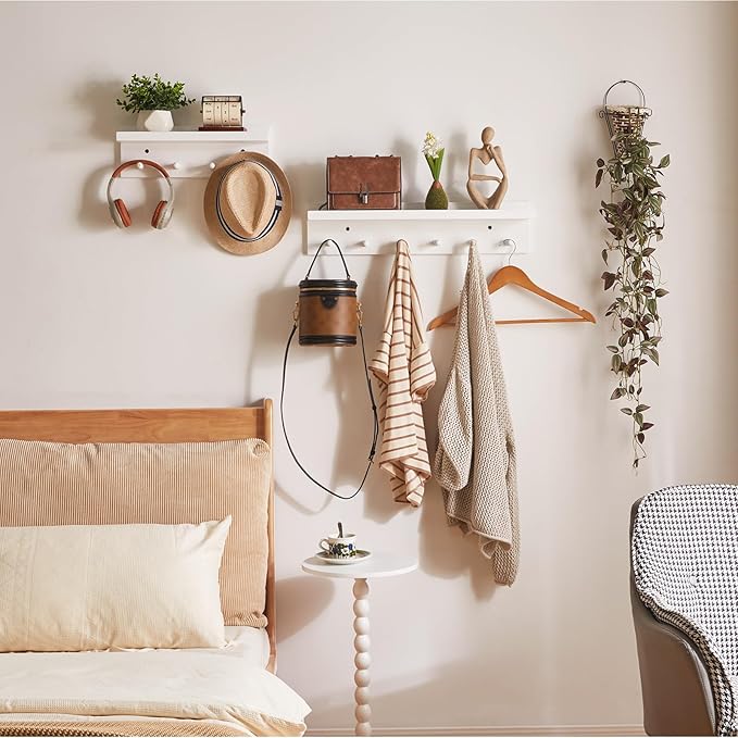 Wood Coat Hook with Wall-Mounted Shelf,15.75in Entryway Wall Hanging Shelf,for Bathroom, Kitchen,Coat Towel Key Organizer White YD-WS0240W