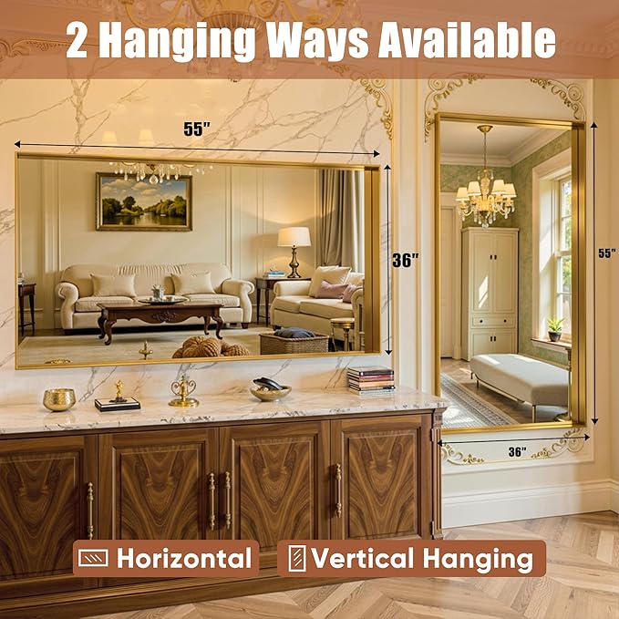 55"x36" Gold Framed Bathroom Mirror, Large Rectangular Vanity Mirror, Aluminum Metal Frame, Wall Farmhouse Modern Wall-Mounted Mirrors for Bathroom, Bedroom, Living Room, Over Sink