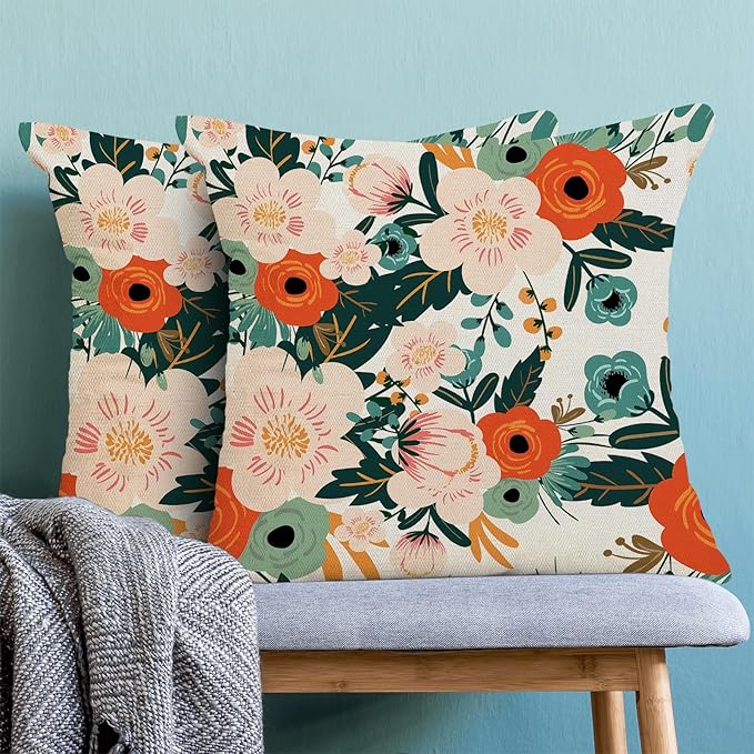 CXMEIFLY Spring Pillow Covers 16 x 16 Inch Set of 2 for Watercolor Flowers Decor Throw Pillows Pink Red Green Plant Floral Outdoor Decorative Cushion Cases for Couch Bed Decorations