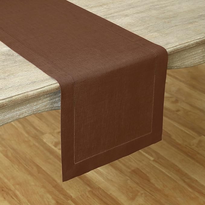 Solino Home Linen Brown Table Runner 60 Inches - Classic Hemstitch, 100% Pure Linen Coffee Table Runner 14 x 60 Inch Ideal for Dresser Tables, Fall, Autumn, Thanksgiving