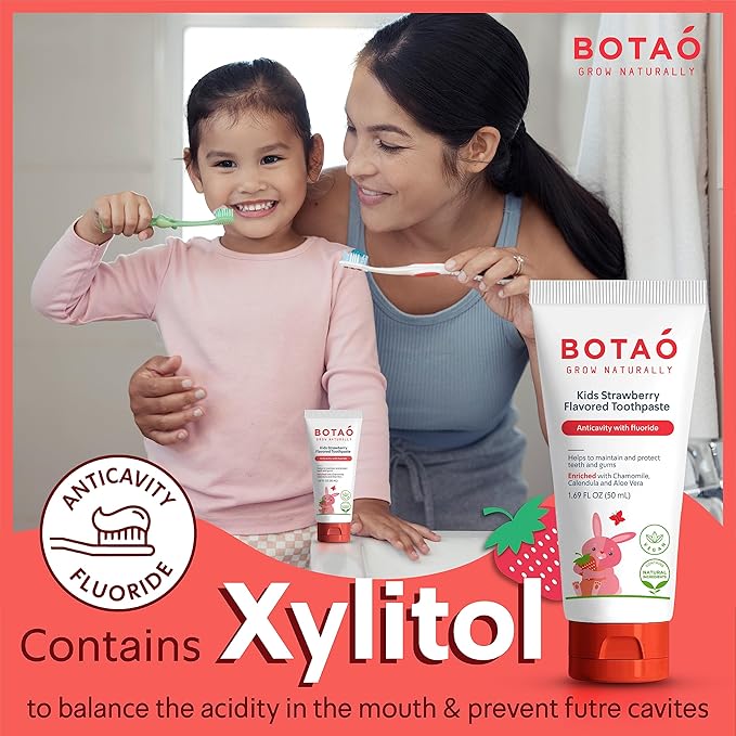 Kids Natural Strawberry Flavored Anticavity Fluoride Toothpaste Maximum Cavity Protection Cleans Children’s Teeth Protects Gums Chamomile Aloe Vera Calendula Xylitol for Ages 2 and Up