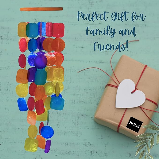 Bellaa 22890 Wind Chimes Outdoor, Garden Decorations, Musical, Indoor/Outside Windchimes, Beach, Ocean Breeze, Gifts for Mom, Gift for All Occasions, Capiz Sea Glass Shells Wood 27 inch Rainbow