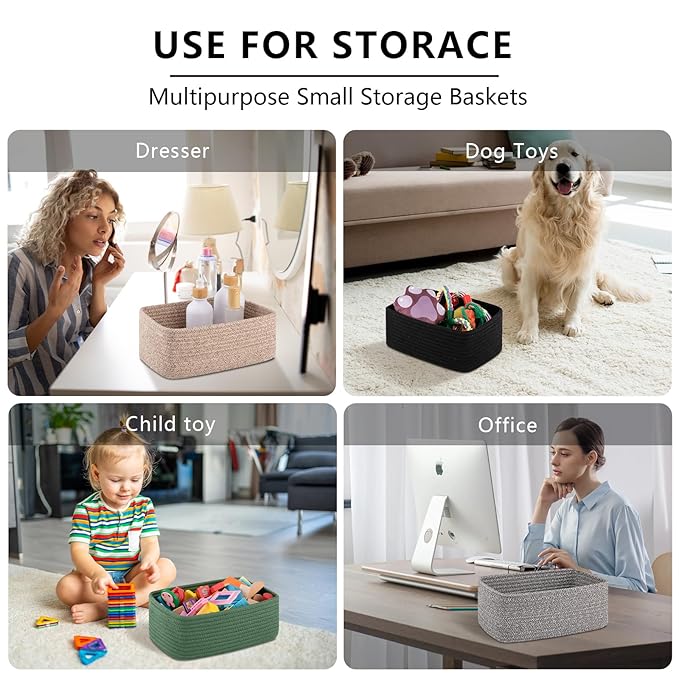 4 Pack Small Storage Shelf Baskets for Organizing, Mini Woven Rope Storage Bins for Towels, Cute Decorative Closet Organizer，Baby Nursery, Gift Empty Baskets -11.81''Lx7.87''Wx4.72''H-White