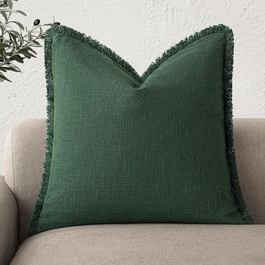 Foindtower Decorative Linen Fringe Throw Pillow Covers Cozy Boho Farmhouse Cushion Cover with Tassels Soft Accent Pillowcase for Chair Sofa Bed Living Room Home Decor, 26×26 Inch,1PC,Pine Green
