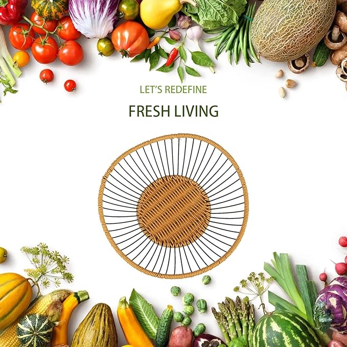 Vine Woven Iron Fruit Bowl, Metal Wire Fruit Basket, Vegetable Drain Basket, Storage Baskets for kitchen counter, countertop,Snacks, Candy, Bread,Cosmetics,Table decorative(10 x 2.95 Inches)