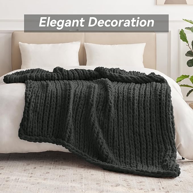 Chunky Knit Throw Blanket, 30''*40'' Knitted Throw Chenille Yarn for Bed Couch, Handmade Dark Grey Crochet Big Thick Blanket, Machine Washable Cute Comfy Blanket for Home Decor