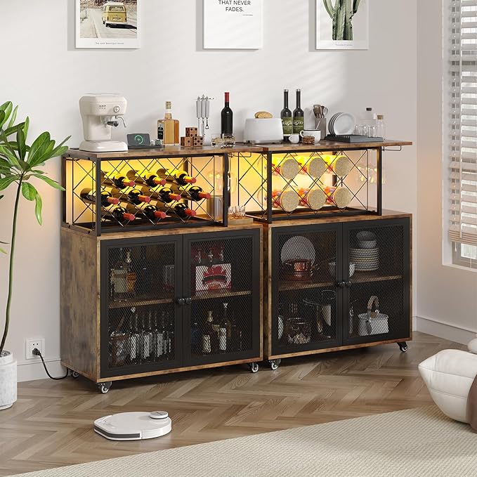 Wine Bar Cabinet with Wheels, 4-Tier Bar Cart with Power Outlets and LED Light, Liquor Cabinet Home Mini Bar with Wine Rack, Coffee Bar Cabinet for Liquor, Rustic Brown