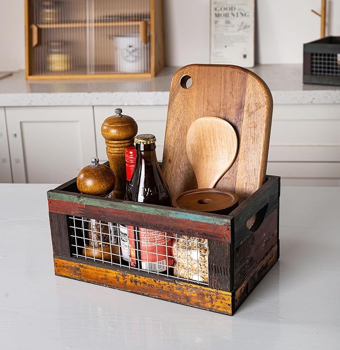 TIMRIS Set of 3 Rustic Wood Nesting Crates, Farmhouse Distressed Wooden Storage Boxes, Decorative Reclaimed Wood Organizer Baskets with Wire Mesh (Random)