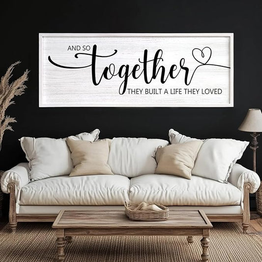 And So Together They Built A Life They Loved Decorative Rustic Sign & Plaque Framed Wall Art for Couples, 40''×15' Wooden Long Wall Decor Above Bed, Vintage Horizontal Farmhouse Wedding Gift