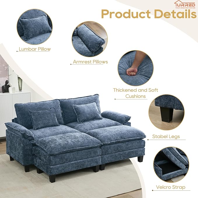 URRED Modular Sectional Sofa Comfy Cloud Couch, Modern Chenille Sofa Sleeper Deep Seat Couches with Ottoman/Pillows for Living Room (Blue, 82.6''- 2 Ottomans)