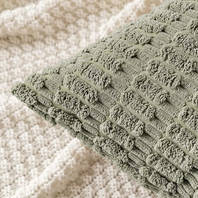 MIULEE Pack of 2 Corduroy Decorative Throw Pillow Covers 20x20 Inch Soft Boho Striped Pillow Covers Modern Farmhouse Home Decor for Summer Sofa Living Room Couch Bed Light Olive Green