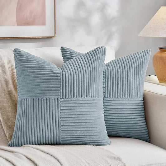 Fancy Homi Set of 2 Light Blue Decorative Throw Pillow Covers 20x20 Inch for Living Room Couch Bed Sofa, Farmhouse Boho Home Decor, Soft Cross Corduroy Patchwork Accent Square Cushion Case 50x50 cm