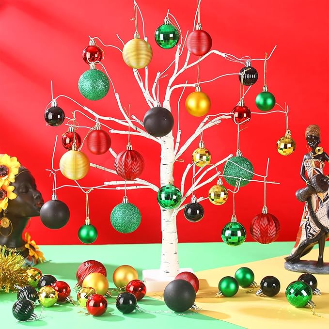 64 Pcs Black History Month Christmas Ball Ornaments Decoration Glitter Matte African American Ornament 1.6/1.97/2.4 Inch Assorted Black Red Yellow Green Xmas Baubles for Home Tree Party