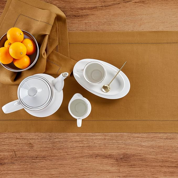 Solino Home Linen Table Runner 36 Inches - 100% Pure Linen Brown Sugar Hemstitch Table Runner 14 x 36 Inch Ideal for Dresser and Coffee Tables - Fall, Autumn, Thanksgiving - Classic Hemstitch