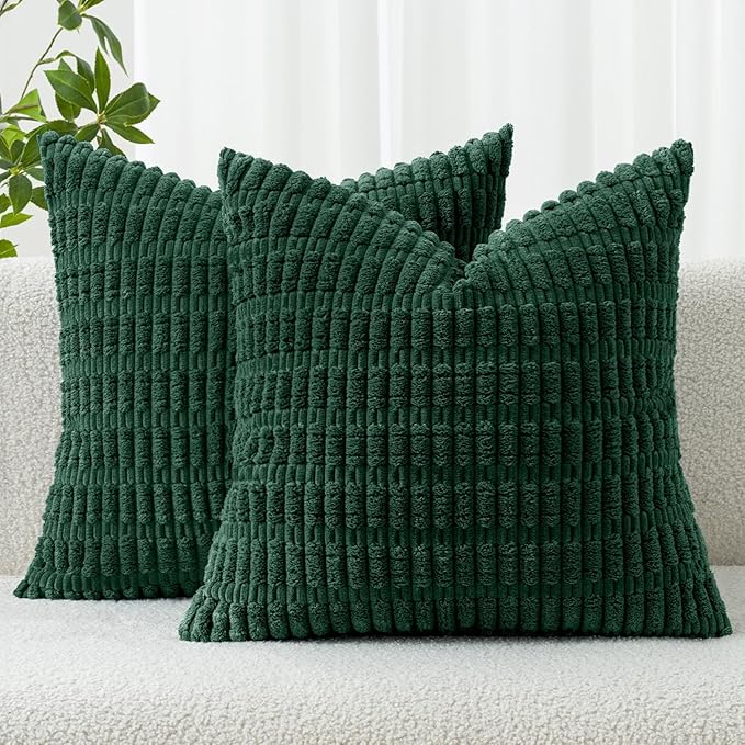 MIULEE Pack of 2 Christmas Dark Green Corduroy Decorative Pillow Covers 20x20 Inch Soft Boho Striped Throw Pillow Covers Modern Farmhouse Home Decor for Sofa Living Room Couch Bed