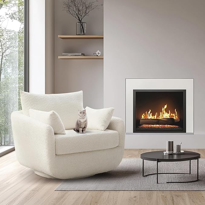 360° Swivel Accent Armchair Set of 2, 39.3" Oversized, Sherpa Boucle Fabric Sofa Chair with Removable Back & Arm Pillows, Swivel Chairs with Cozy Soft Padded, No Assembly Required, White