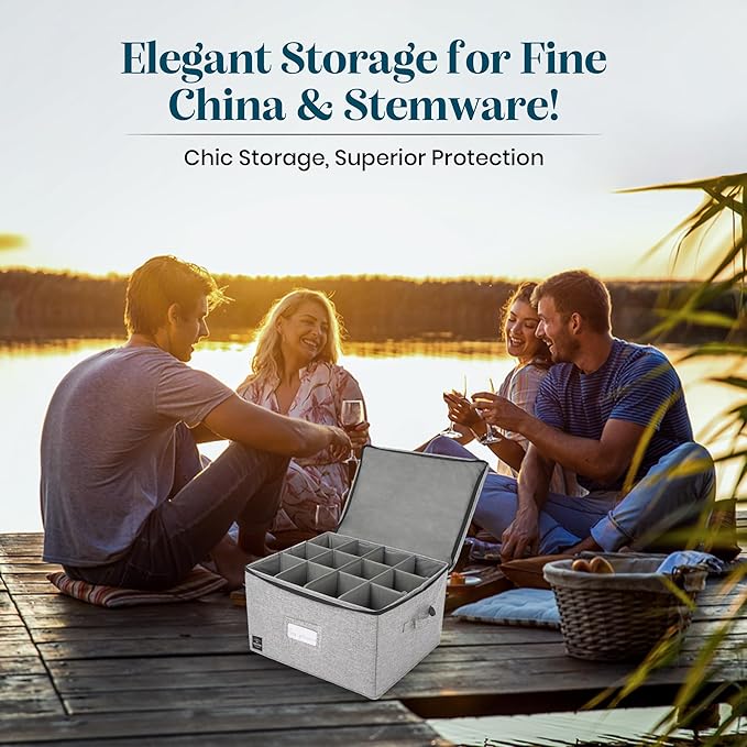 Wine Glass Storage, Holds 12 Stemware Glasses, Stackable, Fully-Padded Inside with Hard Top and Sides (Grey)