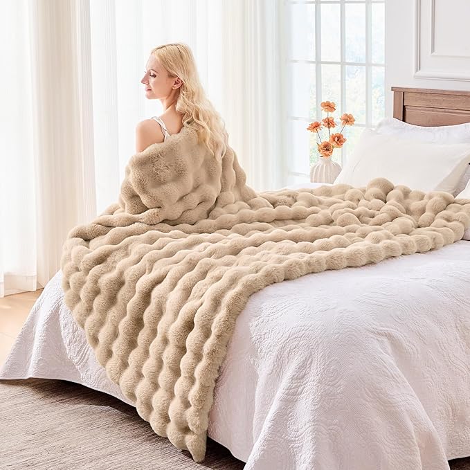 BENVWE Faux Fur Throw Blanket for Couch - Cozy Fuzzy Soft Plush Fluffy Thick Luxury Minky Bubble Blanket for Living Room Home Decor- Mothers Day Birthday Gifts for Women, Beige, 51" x 63"