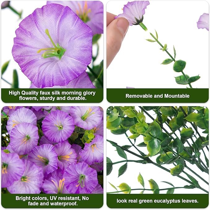 Artificial Flowers for Outdoors Fake Plants Outside Decoration, 12 Bundles Silk Purple Morning Glory UV Resistant Look Real Faux Flowers for Planter Front Door Porch Patio Yard Gardens Home