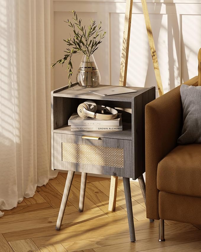 Rattan Nightstand,Modern Bedside Table with Storage Drawer and Open Wood Shelf, for Living Room, Bedroom and Small Spaces, Accent Night Stand with Solid Wood Legs, Easy Assembly(Grey Oak)