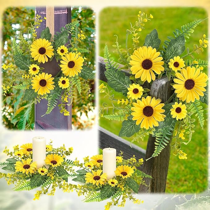 6 Pcs Mini Sunflower Wreath for Front Door Artificial Sunflower Spring Summer Swag Wreath Fake Yellow Floral Candle Rings Wreaths for Pillars Cabinets Window Home Wall Décor