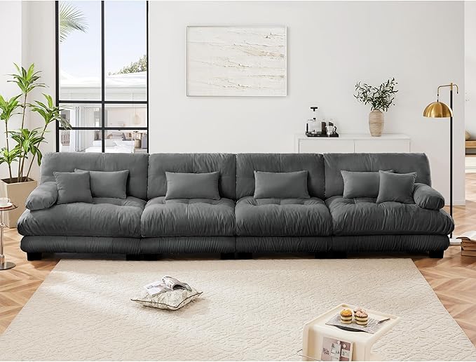 Modular Sectional Sofa Cloud Couch 4-Seater Deep Seat Sofa Couch, Oversized Couch Bed Sectional Couch with Round Bolster Armrests 6 Pillows, Modern Sofa Chair Comfy Couch(Gray)