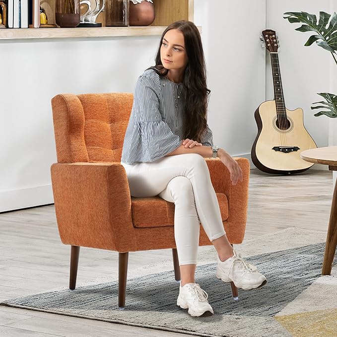Modern Accent Chair, Upholstered Armchair with Pillow, Fabric Single Sofa Chair with Lounge Seat and Wood Legs Accent Chair for Living Room Bedroom Small Spaces (Orange, Set of 1)