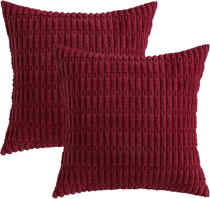 MIULEE Pack of 2 Christmas Burgundy Corduroy Decorative Euro Sham Pillow Covers 22x22 Inch Soft Boho Striped Throw Pillow Covers Modern Farmhouse Home Decor for Sofa Living Room Couch Bed
