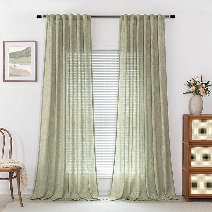 MYSKY HOME Sage Green Living Room Curtains 95 Inches Long Semi Sheer Drapes Light Filtering for Sliding Glass Door Window Treatments Soft Linen Look Country Farmhouse Style, 50" x 95", 2 Pieces