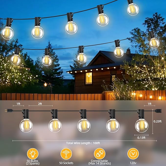 100FT G40 LED Outdoor String Lights with 50 Shatterproof Bulbs + 2 Spares, E12 Socket, 2700K Warm White, Weatherproof Black Cable, for Patio, Backyard, Wedding, Party, Porch, Deck, Gazebo, Camping