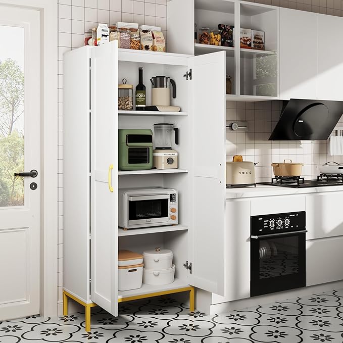 Tall Storage Cabinet, Kitchen Pantry Cabinet with 2 Doors & Adjustable Shelves for Laundry Room, Living Room, Entryway,Bathroom,White