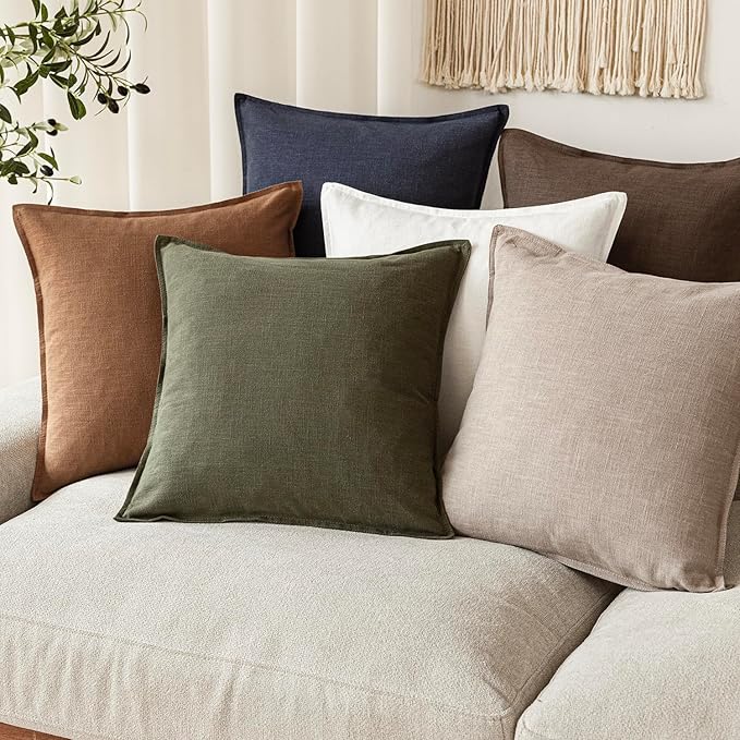 Foindtower Set of 2, Decorative Linen Soild Throw Pillow Covers Soft Accent Cushion Euro Case Boho Farmhouse Pillowcase for Chair Couch Sofa Bedroom Living Room Home Decor 26 x 26 Inch Natural Linen