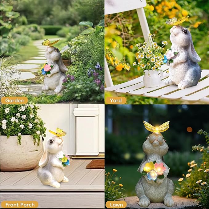Solar Bunny Statues Light with Butterfly LED - Auto On/Off Weathproof Resin Garden Figurine Decor Gift for Pathway, Patio & Mom's Flower Bed (Warm Light)