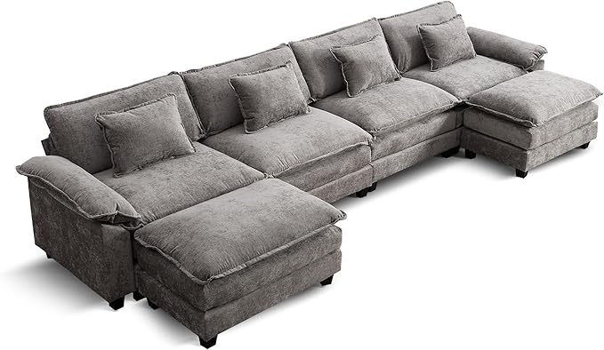 URRED Modular Sectional Sofa Comfy Cloud Couch, Modern Chenille Sofa Sleeper Deep Seat Couches with Ottoman/Pillows for Living Room (Gray, 154'' - U Shape)
