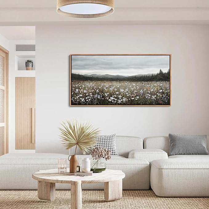 HGUAOA Vintage Framed Floral Landscape Wall Art for Living Room - Large Nature Artwork Above Bed Wall Decor - Farmhouse Mountain Pictures for Bedroom Wall Decor 20×40IN