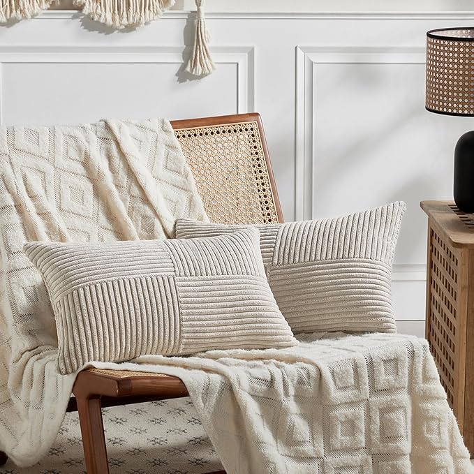 Fancy Homi 2 Packs Neutral Taupe Long Lumbar Decorative Throw Pillow Covers 16x24 Inch for Couch Bed, Rustic Farmhouse Boho Home Decor, Soft Striped Corduroy Rectangle Accent Cushion Case 40x60 cm