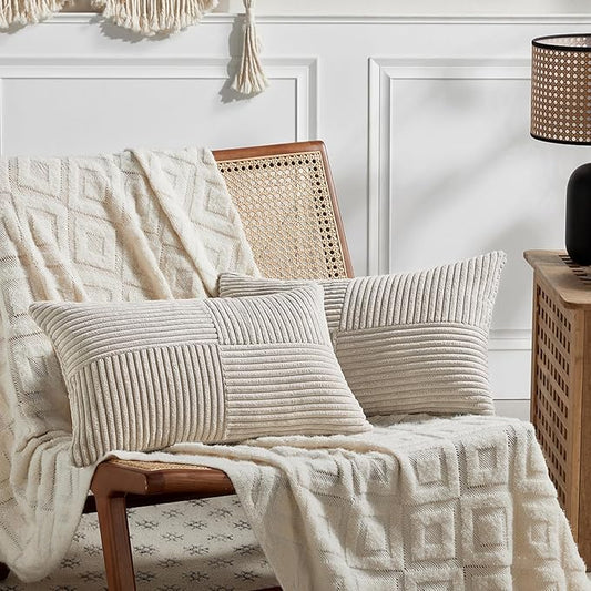 Fancy Homi 2 Packs Neutral Taupe Long Lumbar Decorative Throw Pillow Covers 16x24 Inch for Couch Bed, Rustic Farmhouse Boho Home Decor, Soft Striped Corduroy Rectangle Accent Cushion Case 40x60 cm