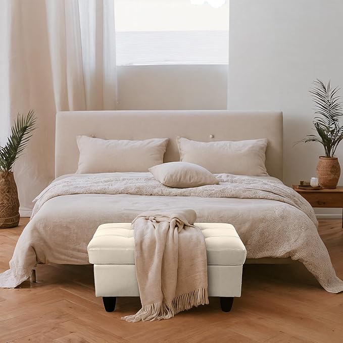 Ottoman Rectangular Storage Ottoman Bench, Faux Leather Footrest, Coffee Table, Stool Footstool with Hinged Lid for Living Room, Bedroom, Entryway, Champagne, 35"x23.5"x17.5"