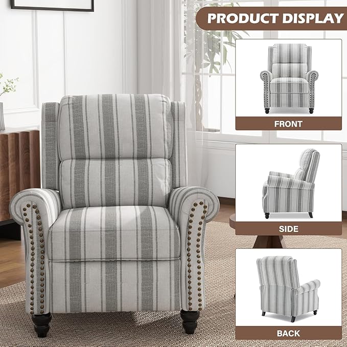 UIXE Pushback Recliner Chair Push Back Accent Chair, Fabric Overstuffed Armchair for Living Room, Rivet Trim Club Chair Home Theater Single Sofa Bedroom Reading Seat - Stripe Gray